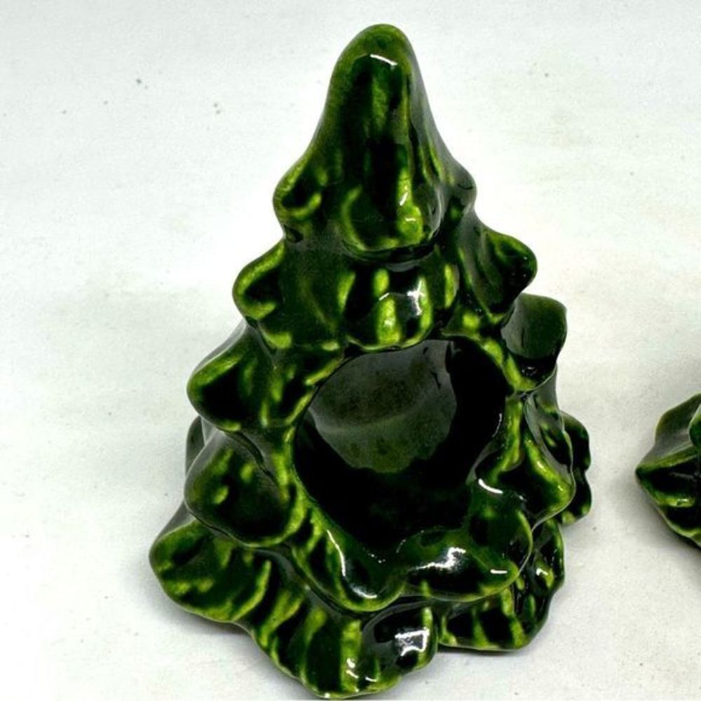 VINTAGE SET OF 2 Hand Made Green Ceramic Christmas Tree Napkin Holders Hand Made